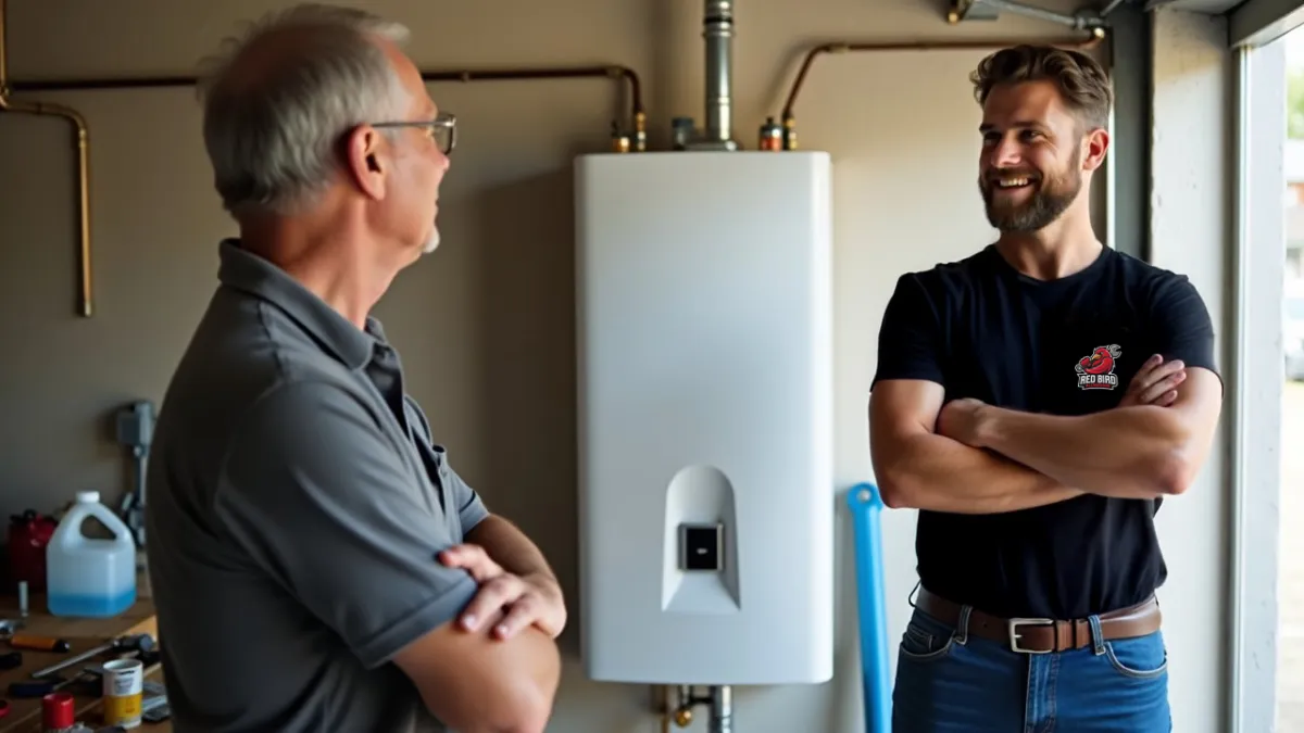 Plumbing talking to woman in kitchen. 