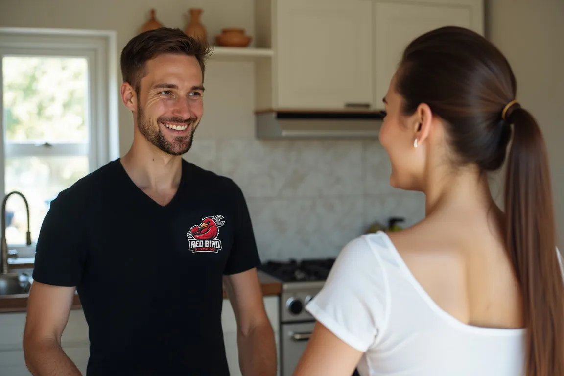 Plumbing talking to woman in kitchen. 