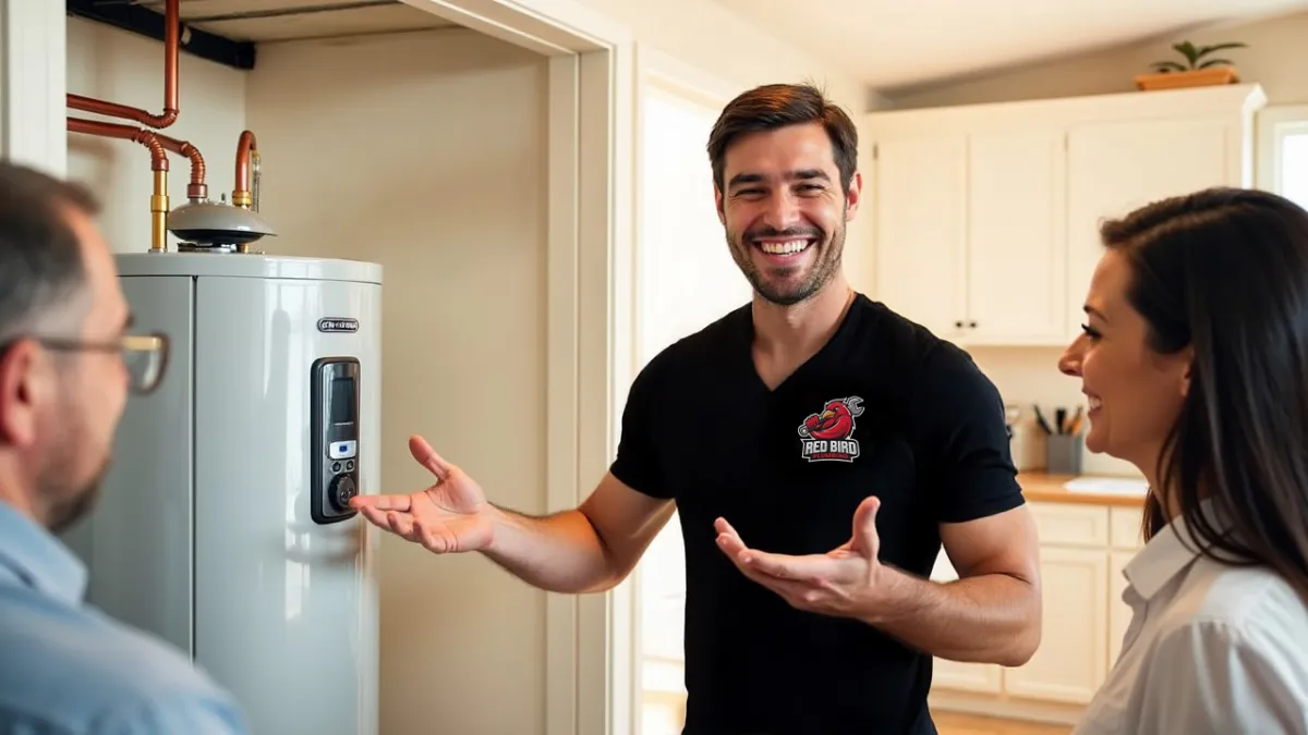 Plumbing talking to woman in kitchen. 