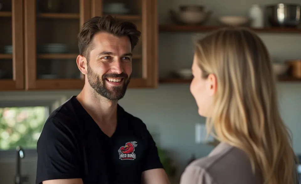Plumbing talking to woman in kitchen. 