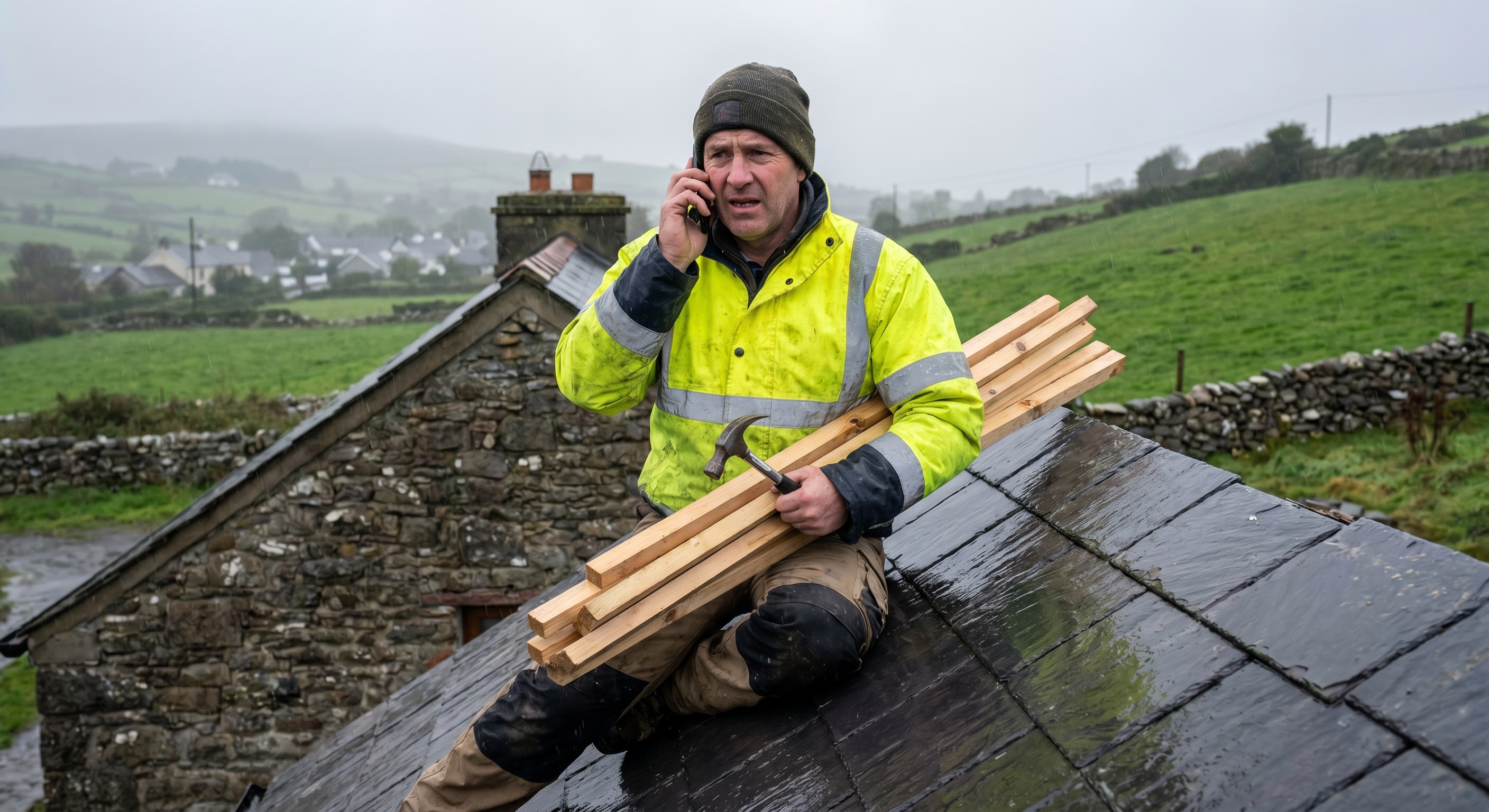 Roofer in Galway taking a call on a job — StreamSync