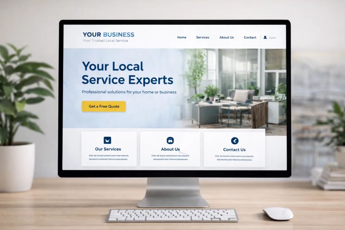 A cheerful small business owner stands in a modern, sunlit workspace, holding a digital tablet displaying a vibrant dashboard. The background features subtle home service icons, suggesting technology and growth. The scene is energetic, with warm yellow and gray tones, and conveys optimism and professionalism.