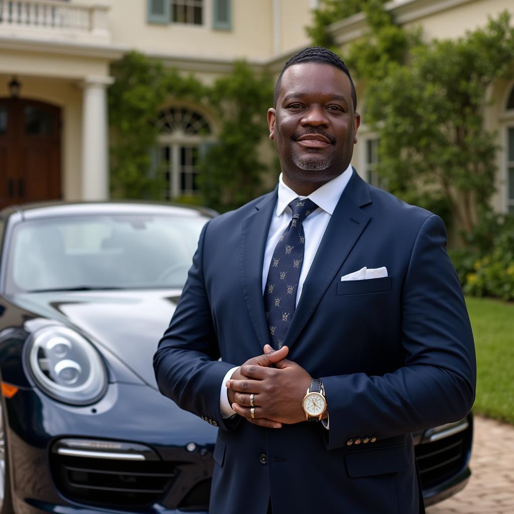 Professional portrait of Donavan Holbert in executive private brokerage office with property investment dossier