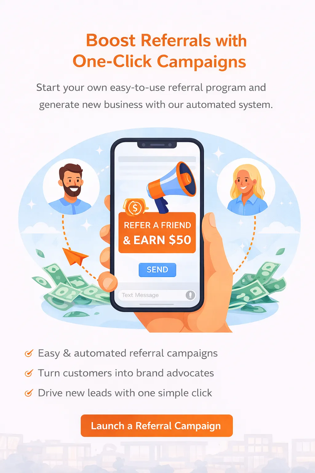 Phone displaying a referral campaign dashboard with colorful callouts
