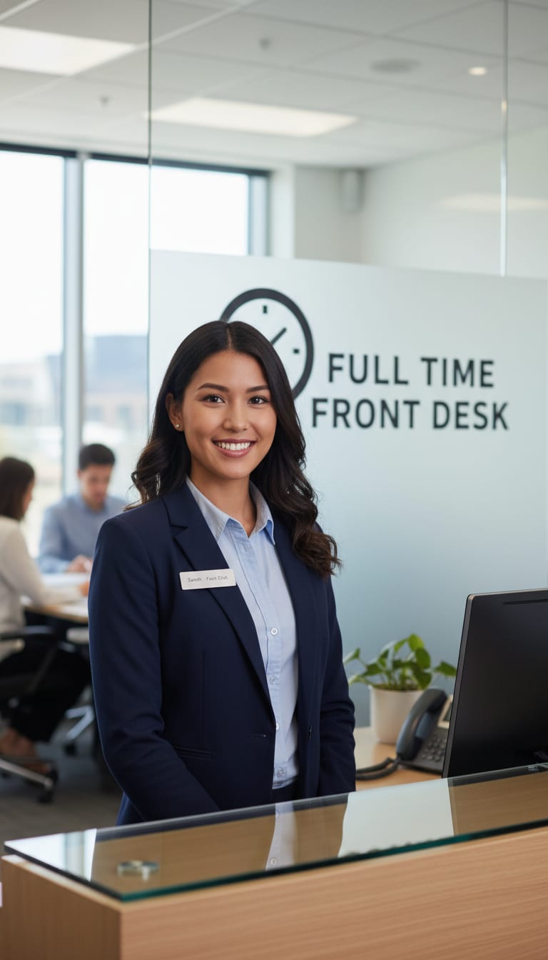 Modern small business lobby with a virtual AI receptionist interface.