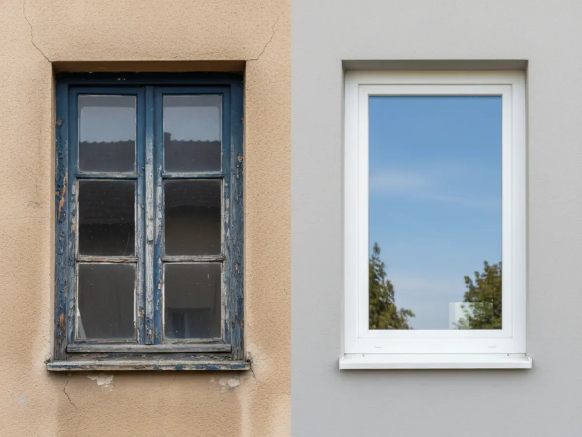Comparatie inainte si dupa inlocuirea ferestrelor vechi cu ferestre PVC moderne, montaj curat si rapid