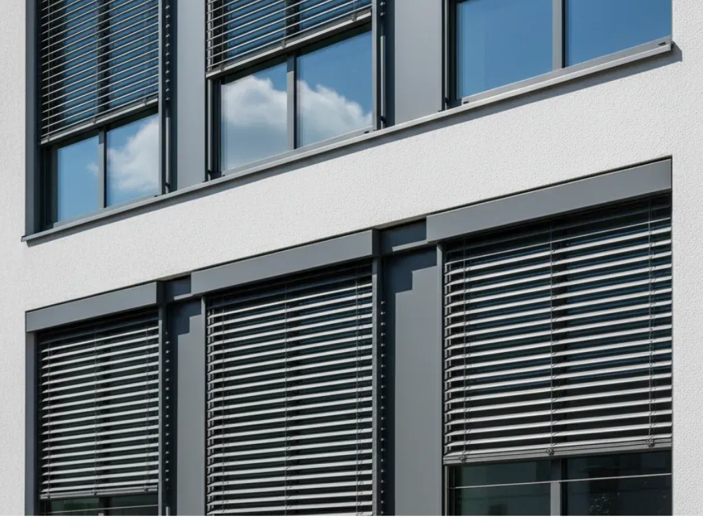 Jaluzele exterioare din aluminiu montate pe cladire moderna, control eficient al luminii si temperaturii