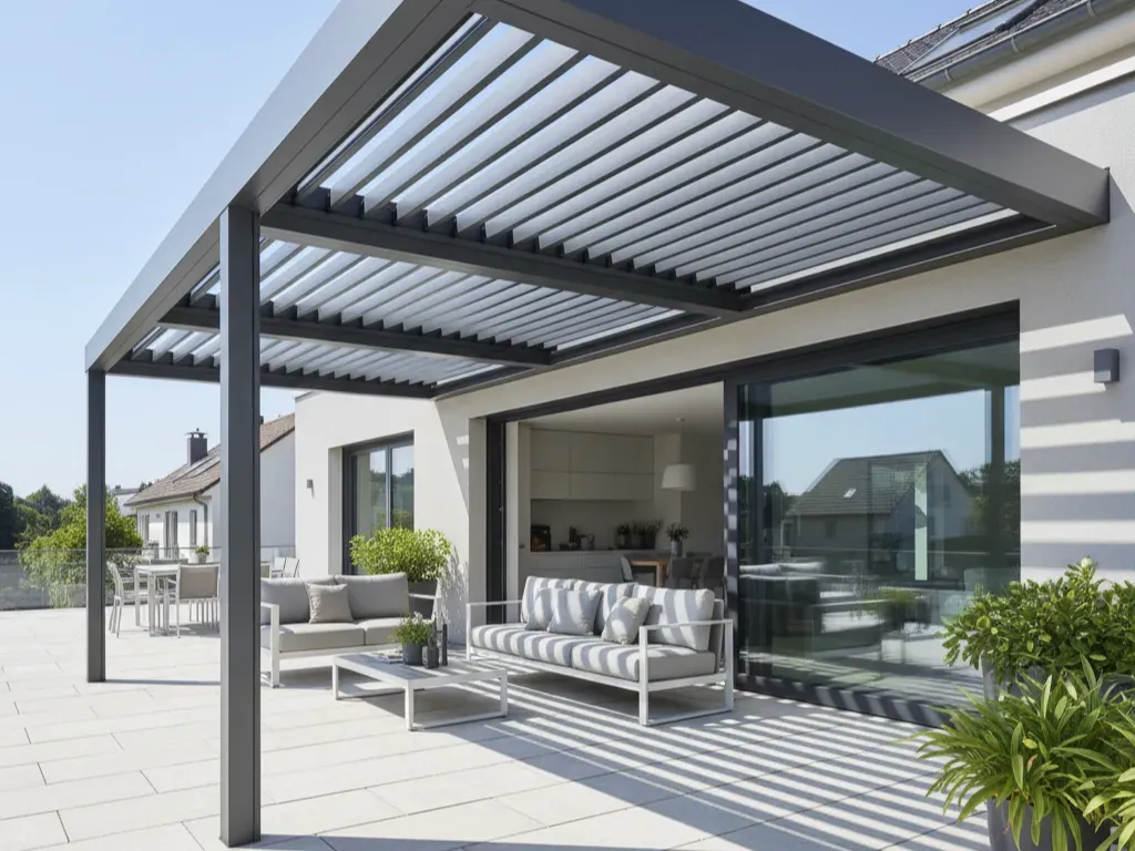 Pergola din aluminiu montata pe terasa moderna, solutie de umbrire si confort exterior