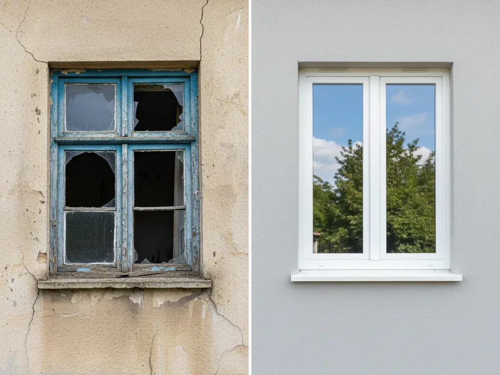 Inlocuire ferestre si usi vechi cu tamplarie moderna PVC sau aluminiu, rezultat curat si eficient