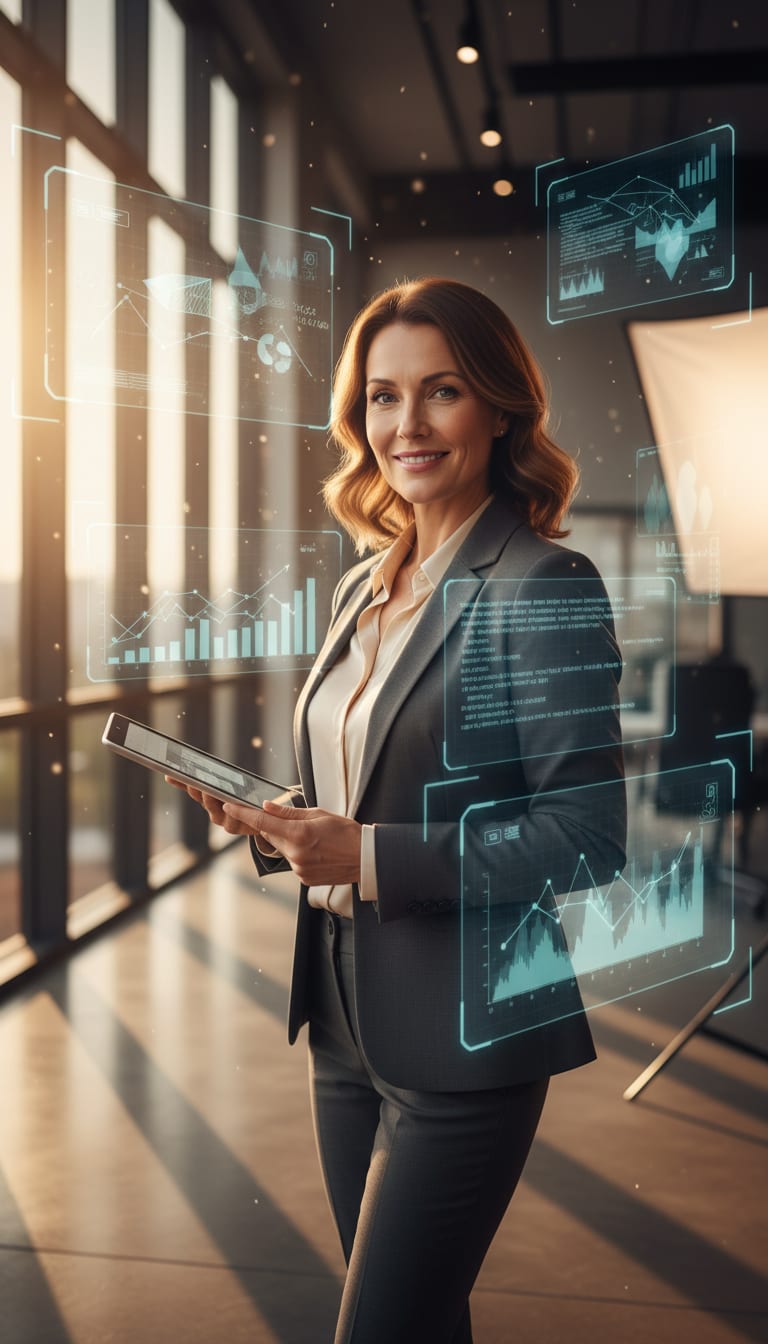 A confident professional in their mid-40s stands in a modern office, smiling while holding a tablet. The background features a subtle digital interface overlay, with natural light streaming in. The image conveys assurance and clarity, using a 3:2 aspect ratio and a contemporary digital realism style.