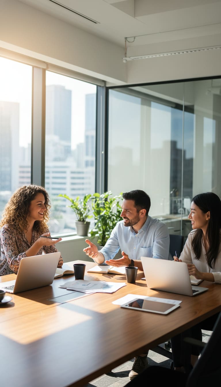 A diverse group of professionals, two women and one man, sitting around a table with laptops and notepads, engaged in a friendly discussion, bright office, 1:1 aspect ratio