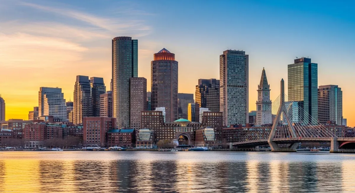 Boston Massachusetts skyline at sunset representing the Greater Boston VA loan market served by local lender Sean Goudreau at Rate