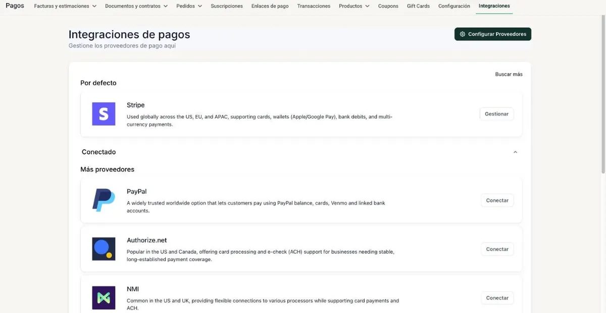 Pantalla de integraciones de pagos de Chateea con Stripe, PayPal y otros proveedores