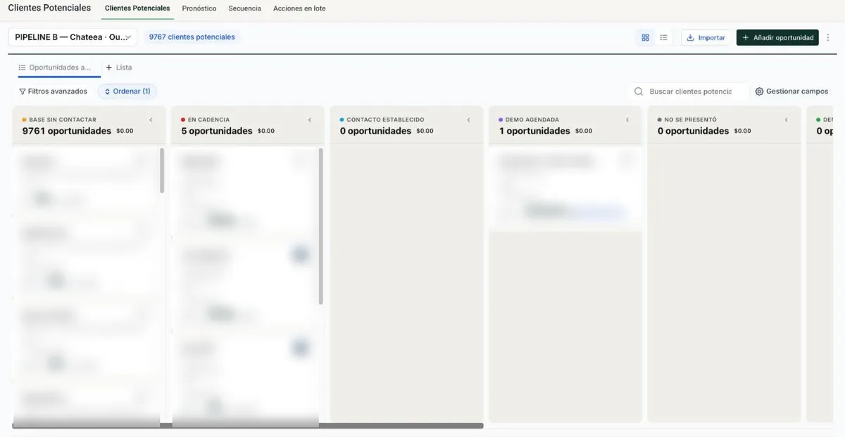 Tablero de oportunidades de Chateea con las etapas del embudo y las tarjetas de cada cliente