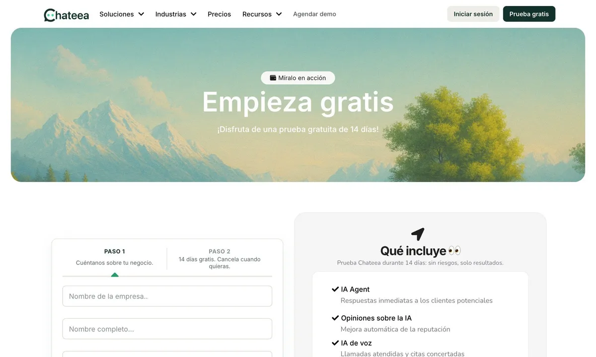 Página de registro de Chateea creada con el constructor de páginas