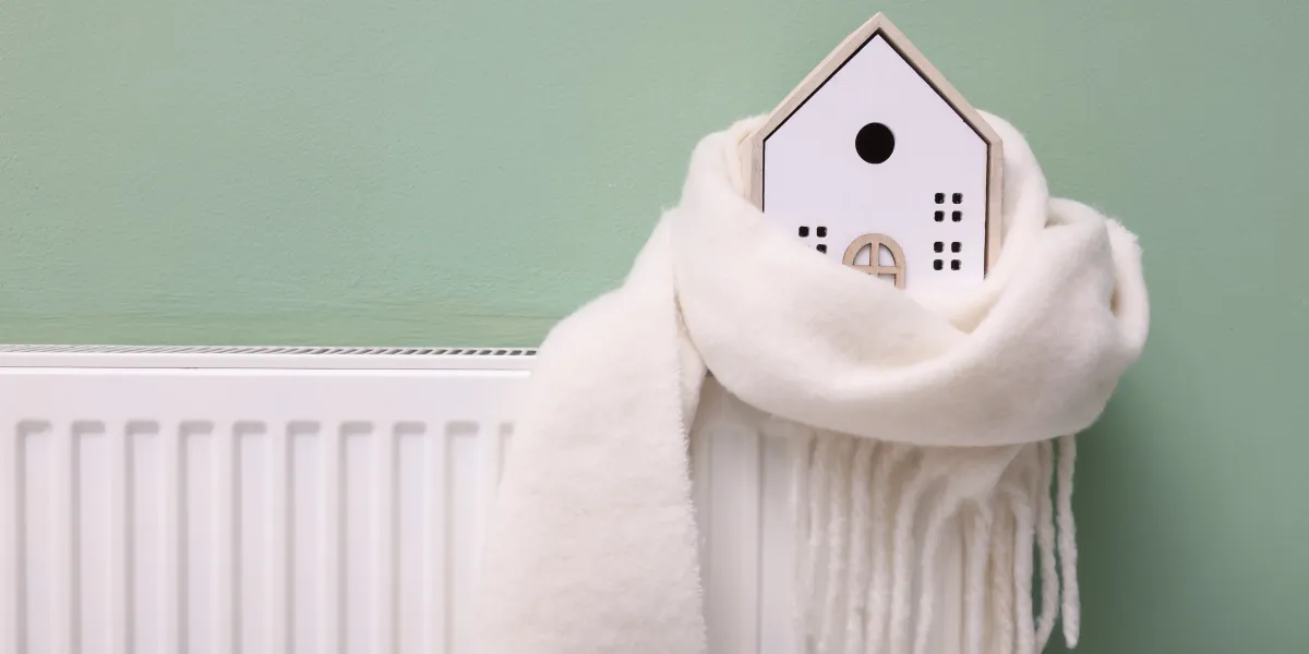 Radiator with a house model wrapped in a scarf, used to highlight the need for central heating inspection and repair