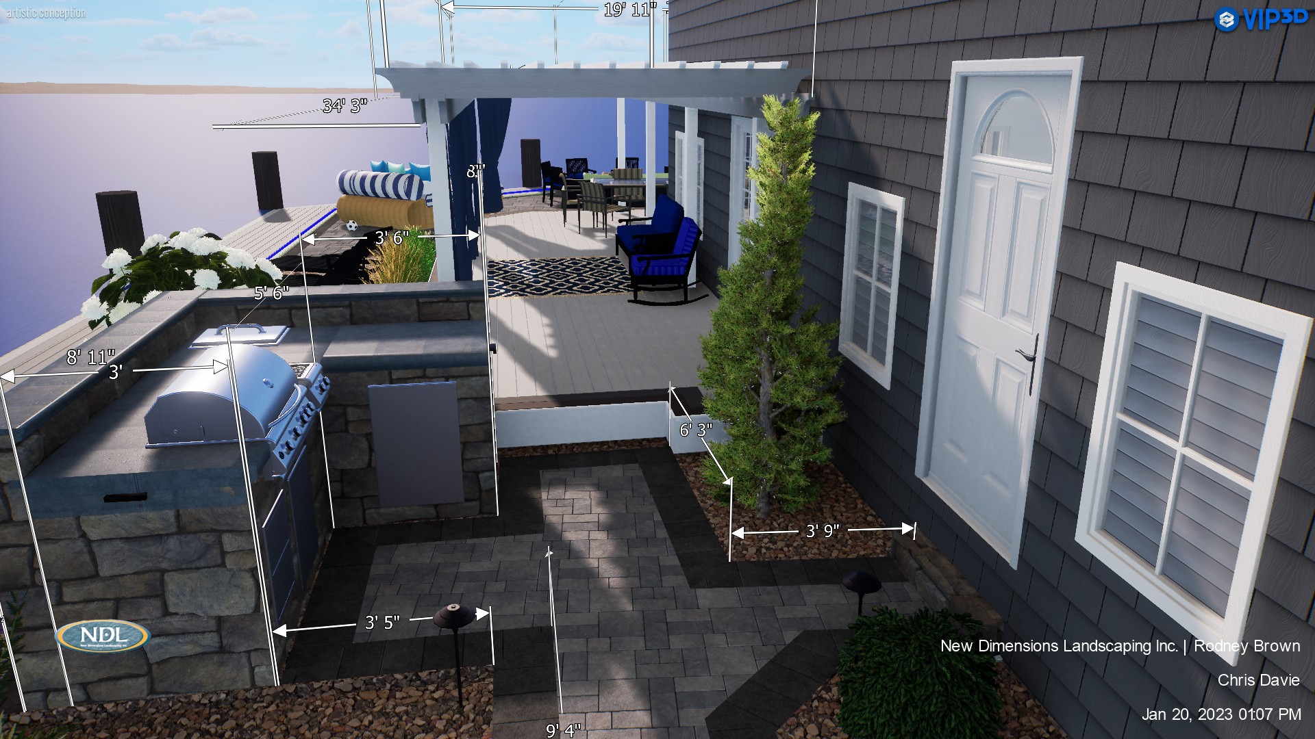 3D landscape design model view of luxury outdoor living space in NJ