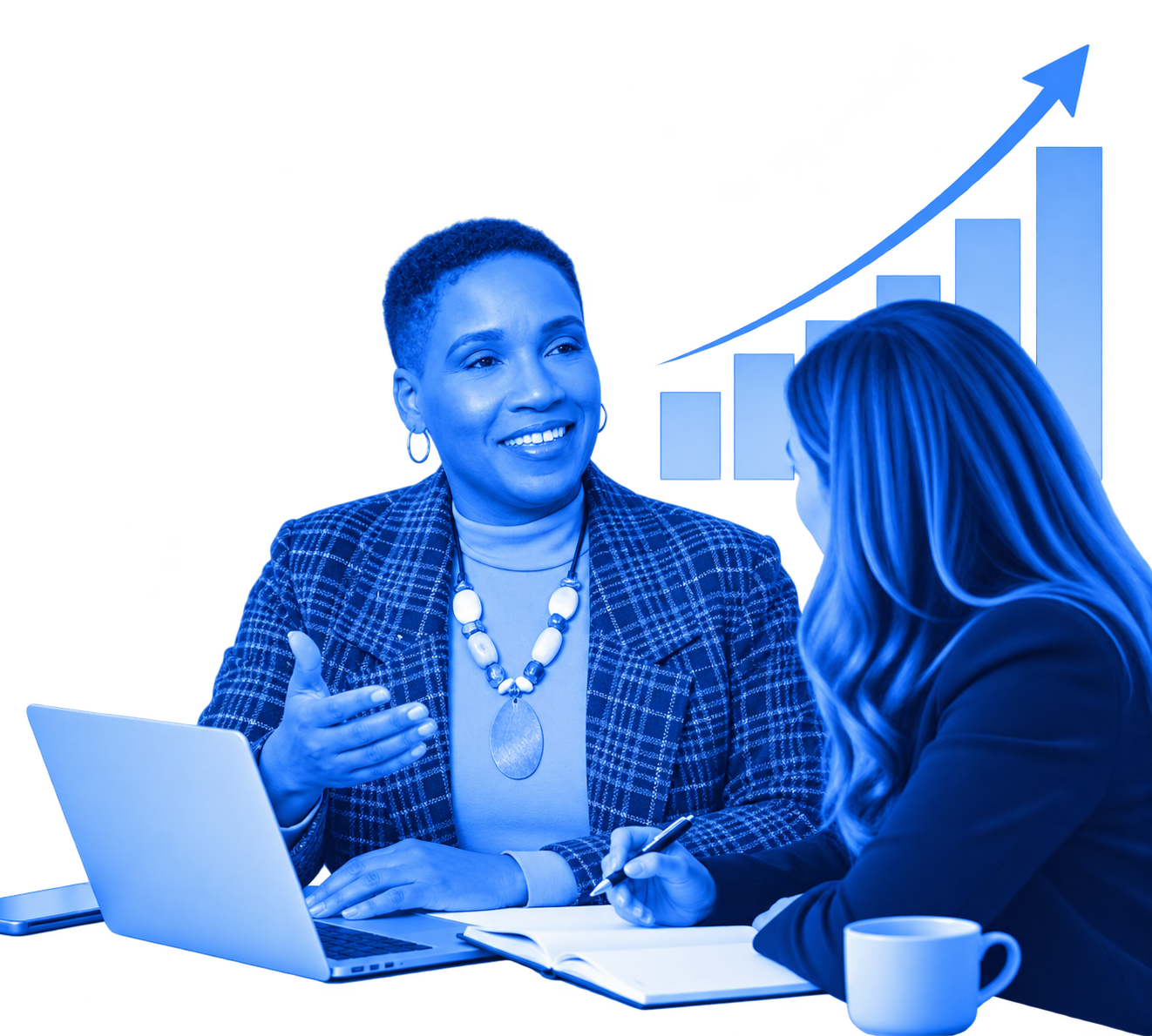 A professional business coach meets with a client to discuss strategy, goals, and opportunities for growth, represented by an upward-trending graph in the background.