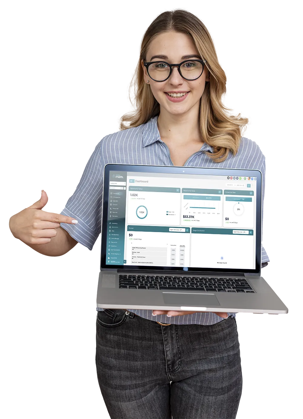 woman showing link plus on computer