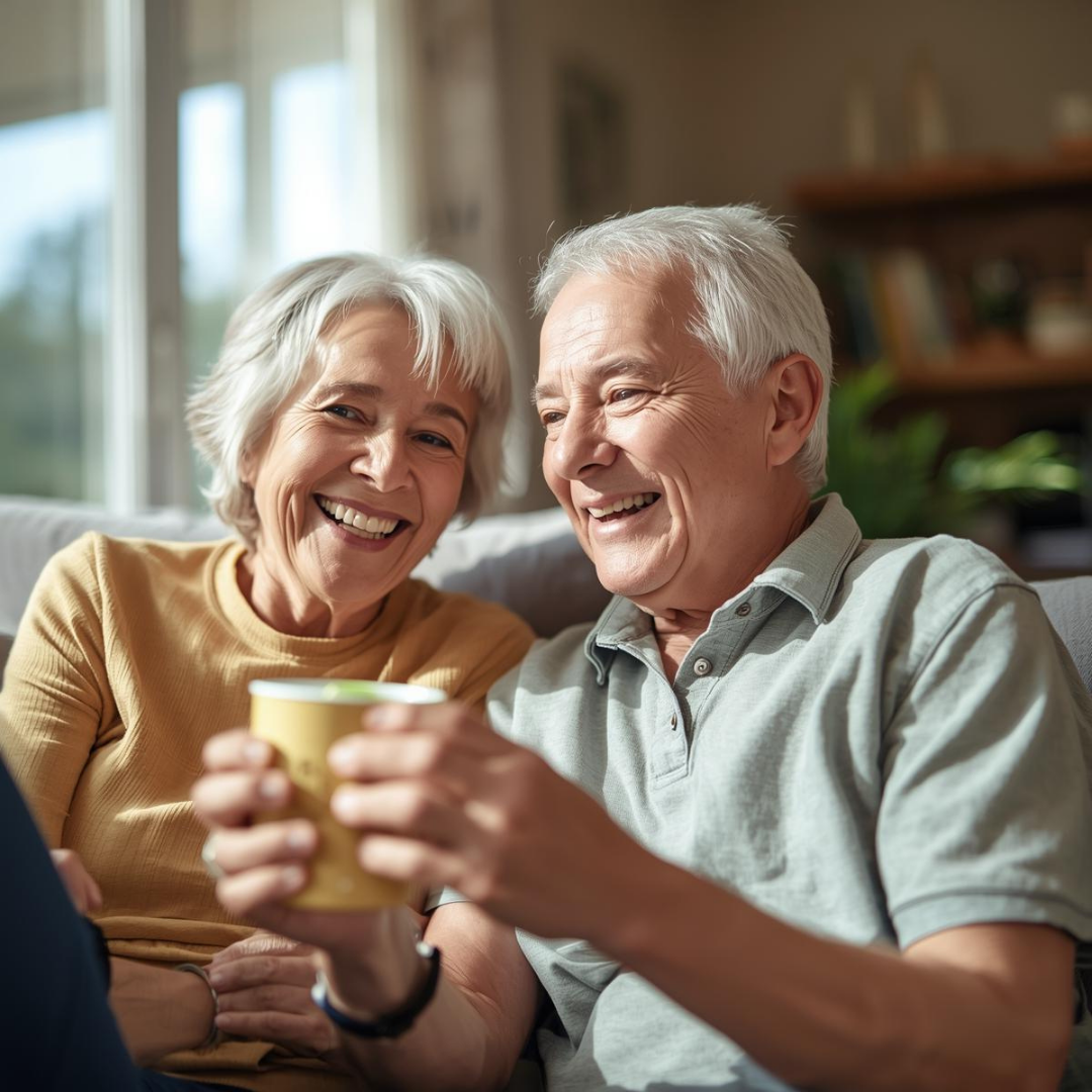 Retired couple enjoying coffee while reviewing finances.