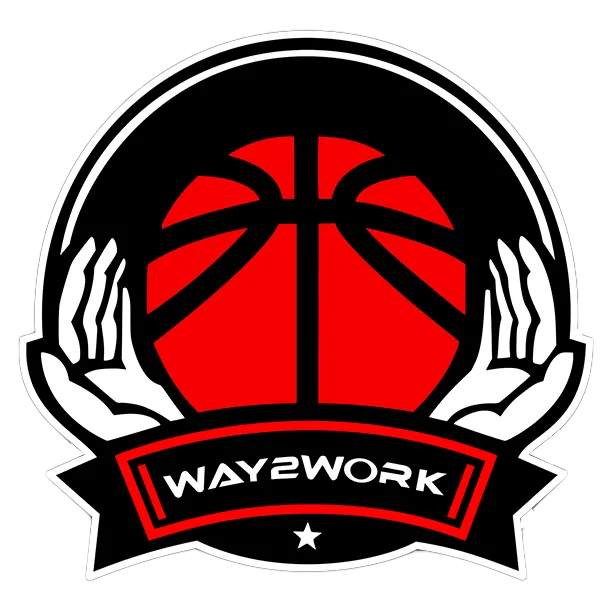 Red, black, and white colour scheme, featuring a basketball held by two hands, with the text "WAY2WORK" in a bold, sporty font beneath it.
