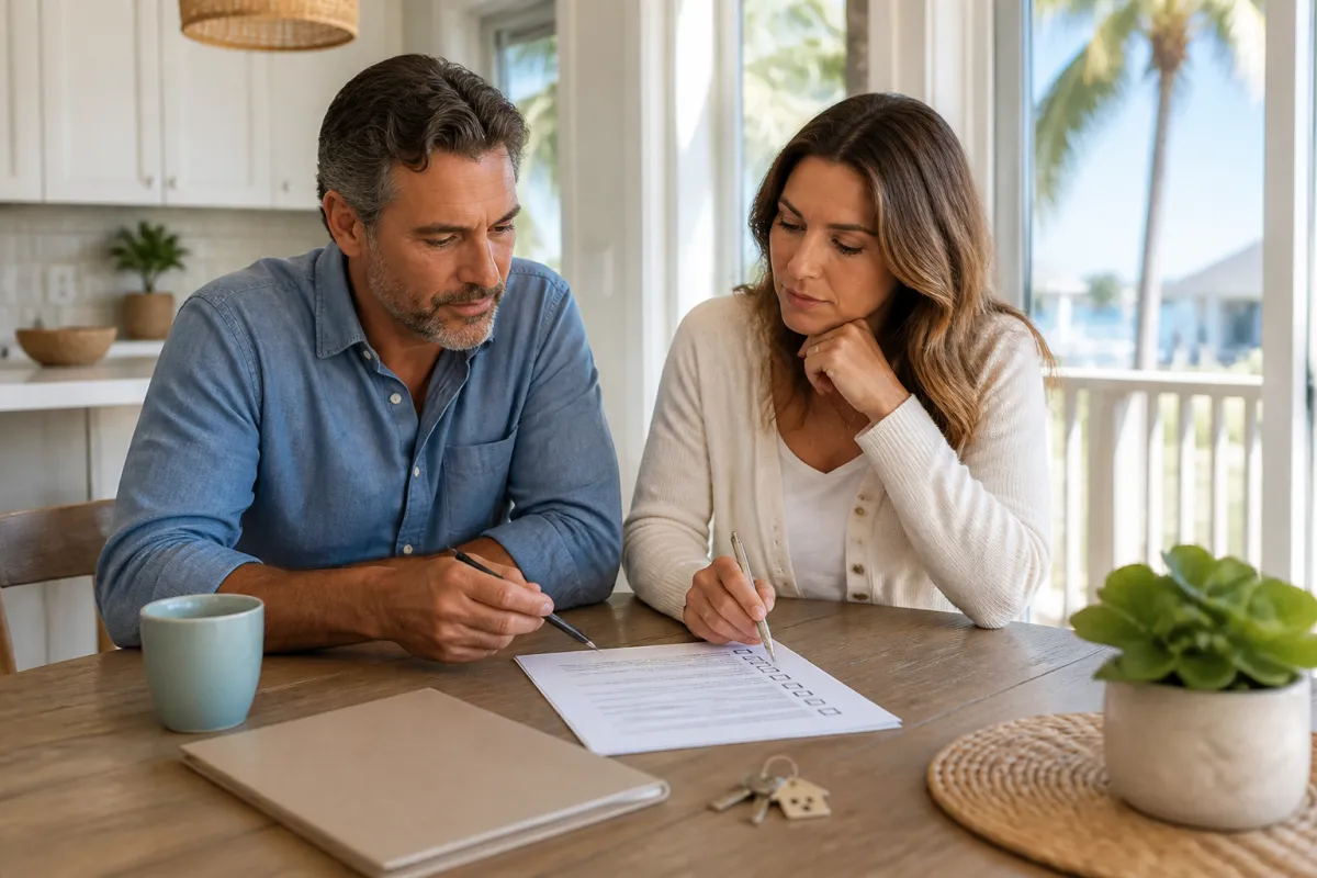 Unmarried couple reviewing Florida home purchase documents together at a kitchen table