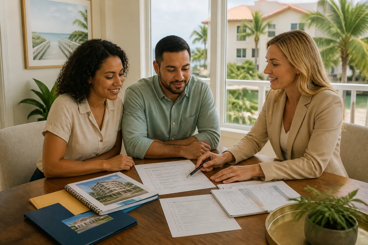 St. Petersburg homebuyers reviewing a home purchase checklist with a mortgage advisor at a bright table
