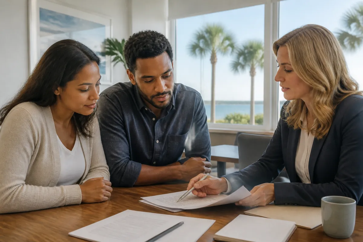 Florida homebuyer reviewing legal and mortgage documents with a loan professional at a table.
