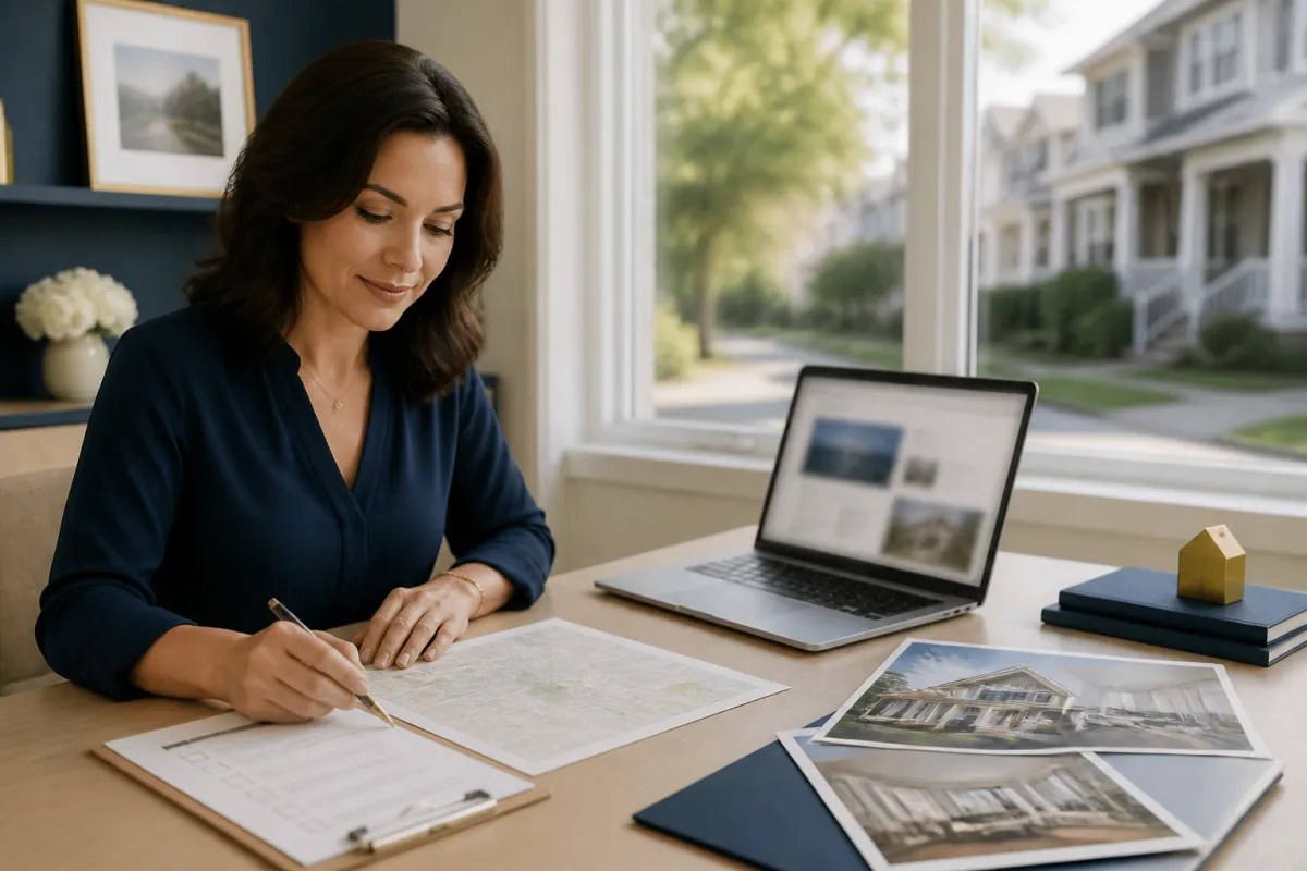 Real estate agent reviewing a Google Business Profile strategy while overlooking a local neighborhood