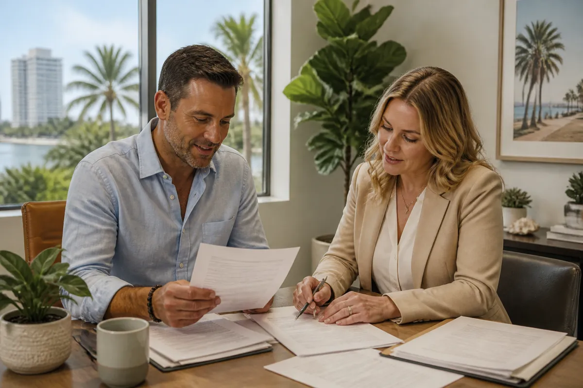 Self-employed Florida business owner reviewing organized bank statements with a mortgage professional at a desk