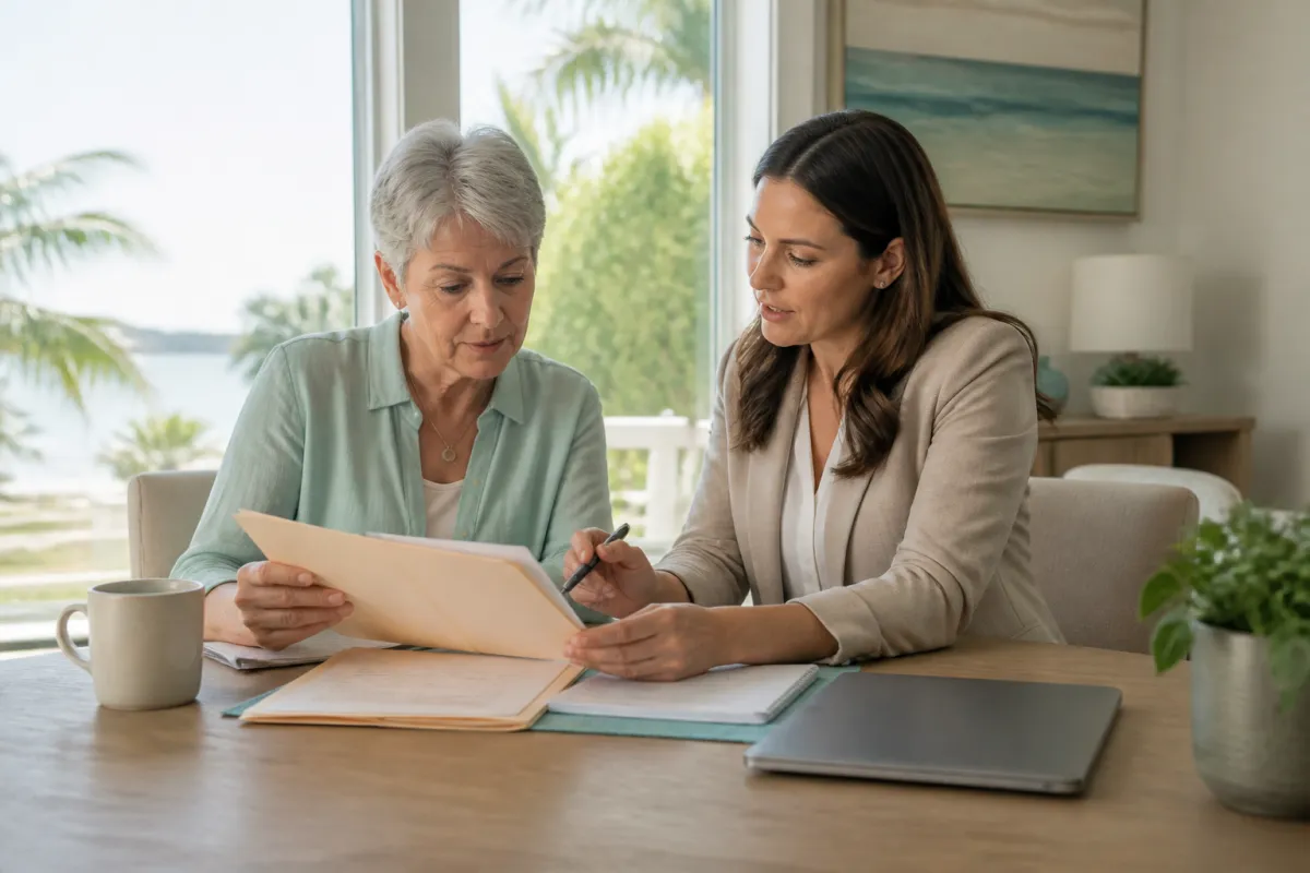 A surviving spouse reviewing home-loan documents with a compassionate mortgage advisor at a bright Florida home table.