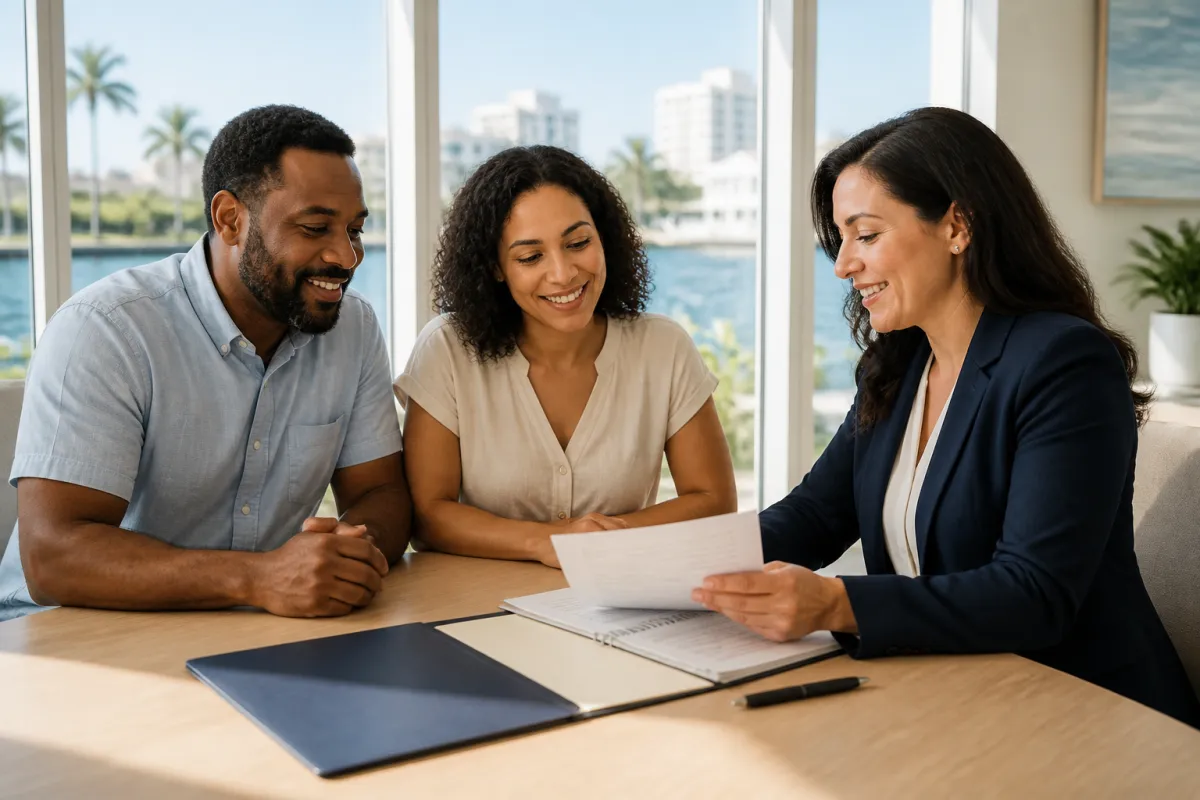 A Florida homebuyer and her mother reviewing mortgage gift-fund documents with a loan professional at a bright table.