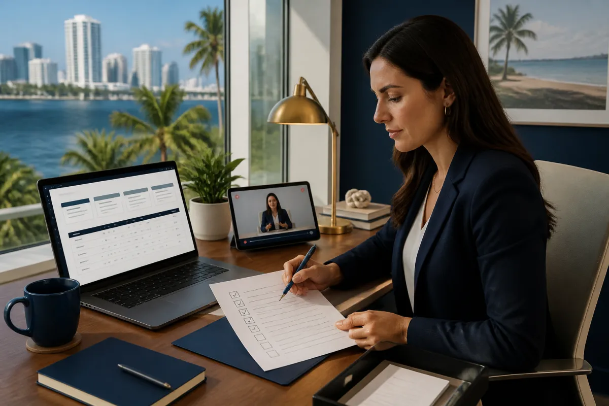 Real estate agent organizing task notes, content ideas, and client follow-up on a laptop at a bright office desk