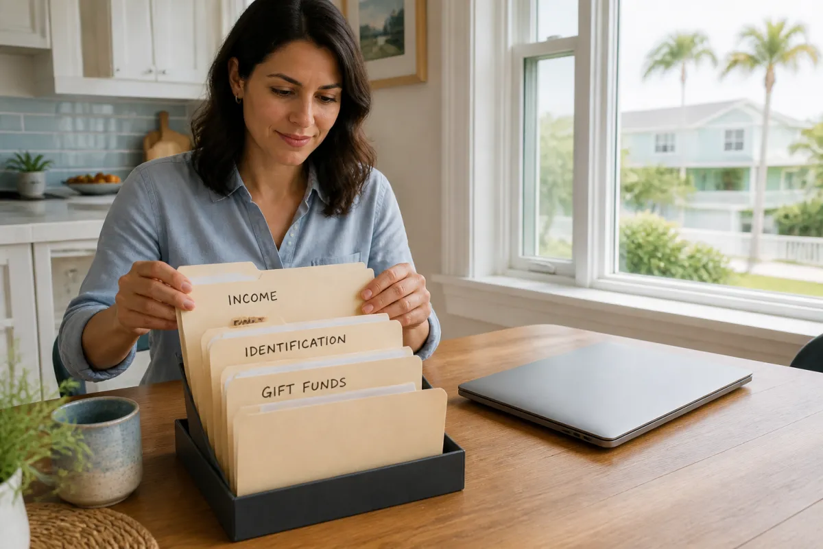 Florida homebuyer organizing mortgage preapproval documents at a kitchen table