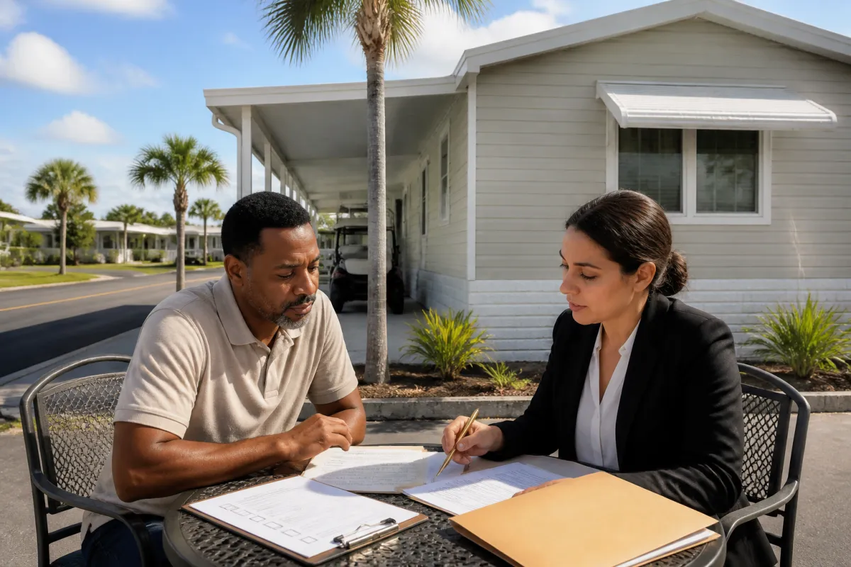 A buyer and mortgage professional reviewing manufactured-home documents outside a well-kept Pinellas County home