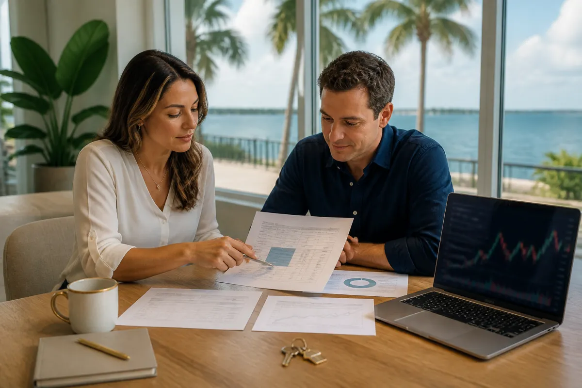 Mortgage advisor and Tampa Bay professional reviewing stock vesting documents at a table
