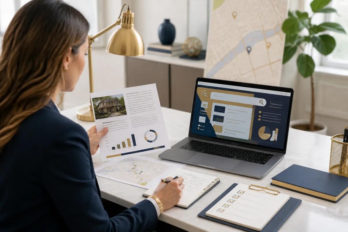 Realtor reviewing a local market content plan with verified sources and neighborhood map notes