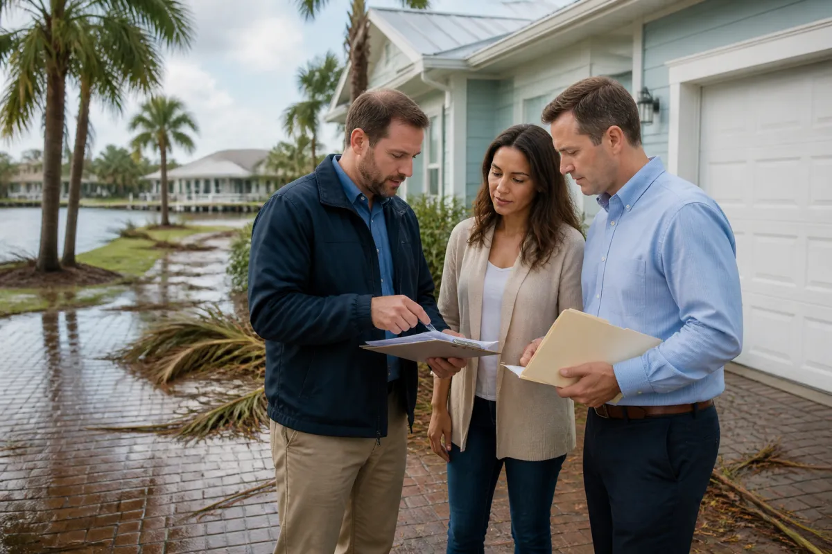 Florida homebuyer and mortgage professional reviewing storm damage documents at a home before closing
