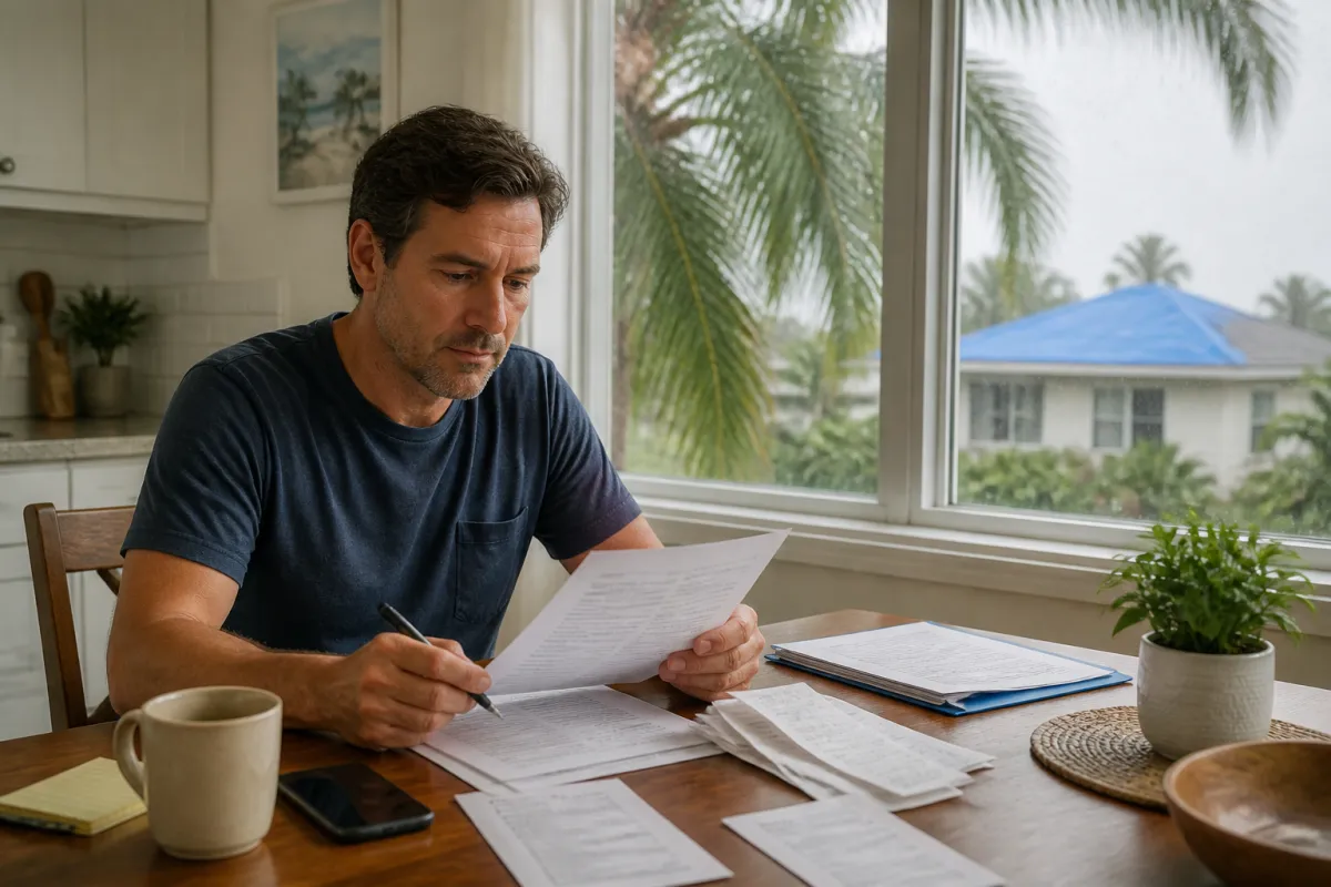 Florida homeowner reviewing storm damage photos and mortgage papers at a kitchen table after a hurricane