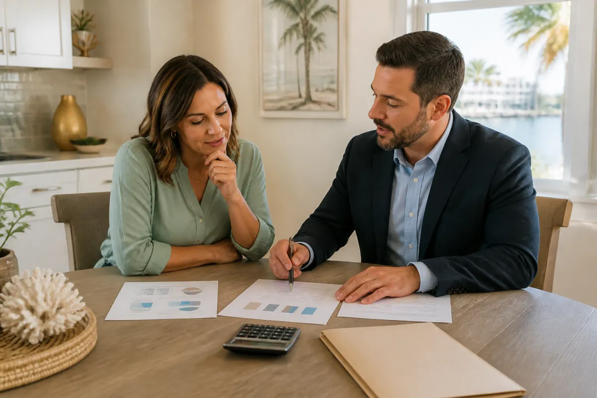 Florida homeowner reviewing refinance loan documents with a mortgage advisor at a sunlit kitchen table