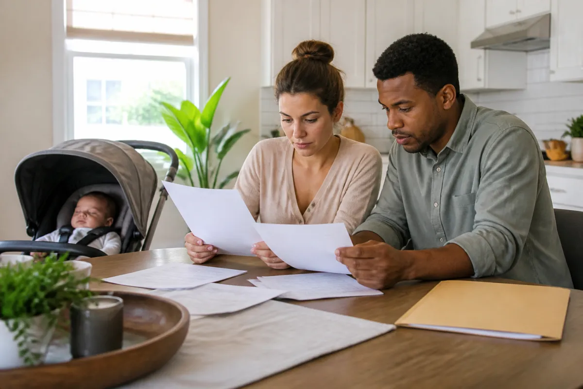 A Florida couple reviewing mortgage and return-to-work documents together at a bright kitchen table with a newborn stroller softly out of focus nearby.