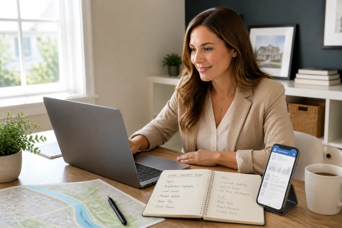 Realtor reviewing local neighborhood content ideas on a laptop at a bright home office desk
