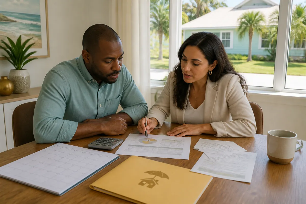 Florida homebuyer reviewing a mortgage escrow budget with tax and insurance documents