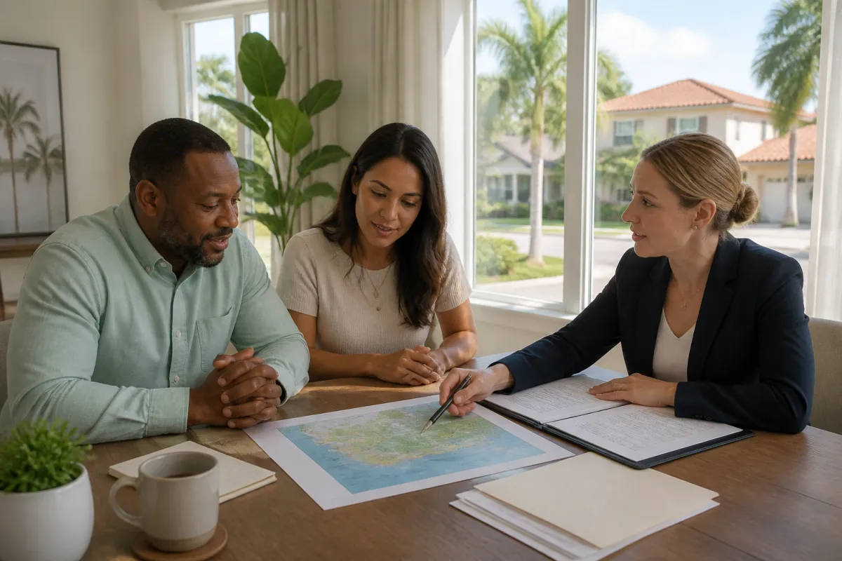 Homebuyers and a mortgage professional reviewing a St. Petersburg coastal property map at a table