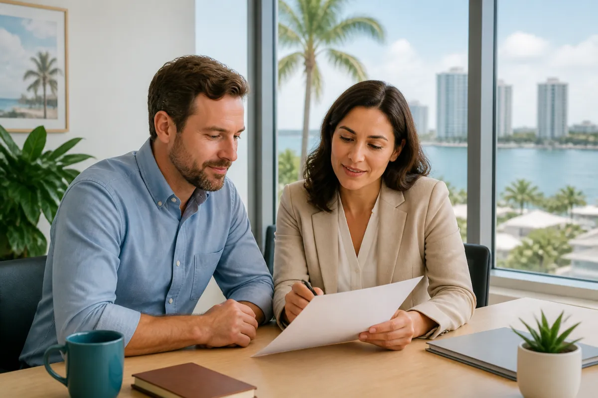 Home buyers and a real estate professional reviewing permit documents outside a St. Petersburg Florida bungalow