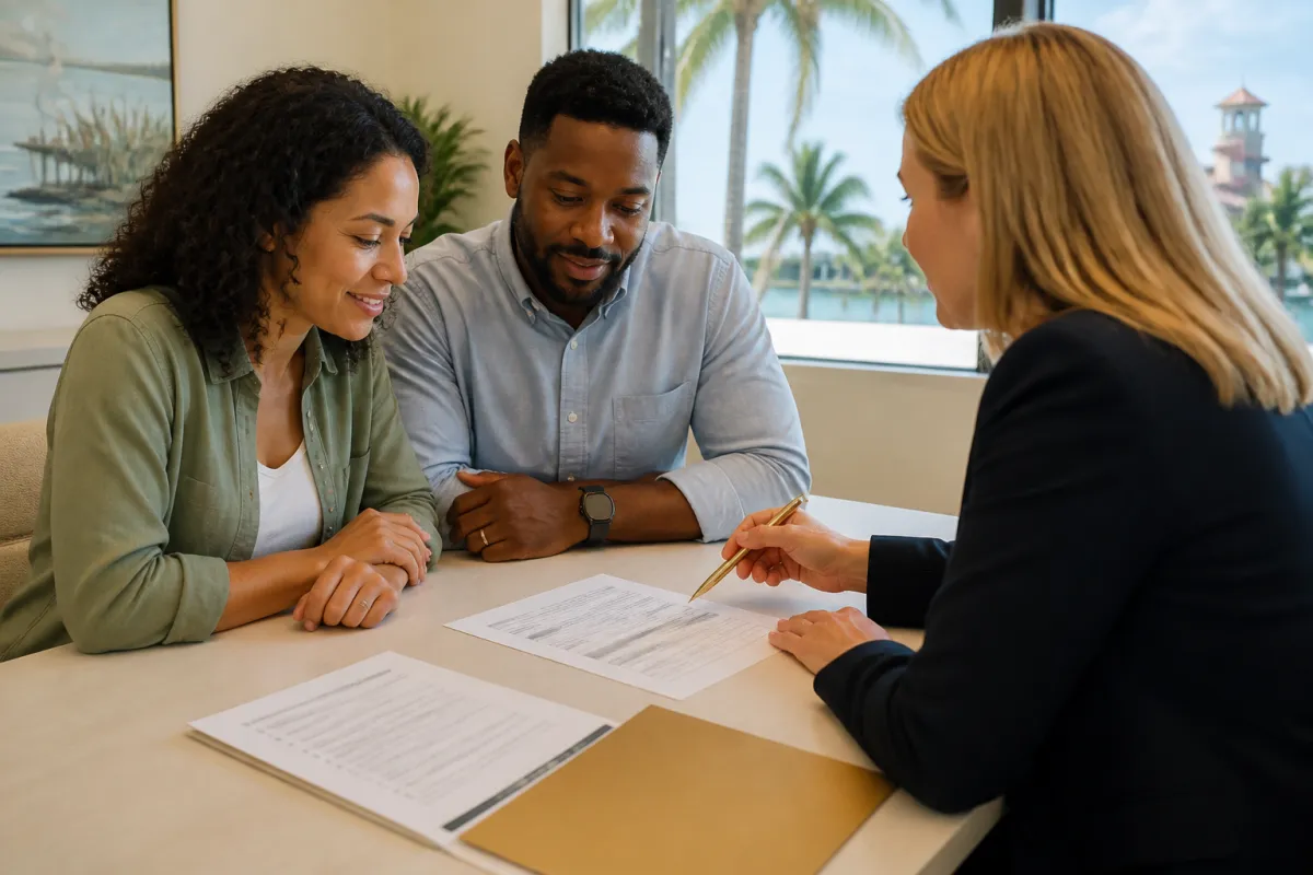 Florida homebuyer reviewing a Closing Disclosure checklist with a mortgage professional before closing