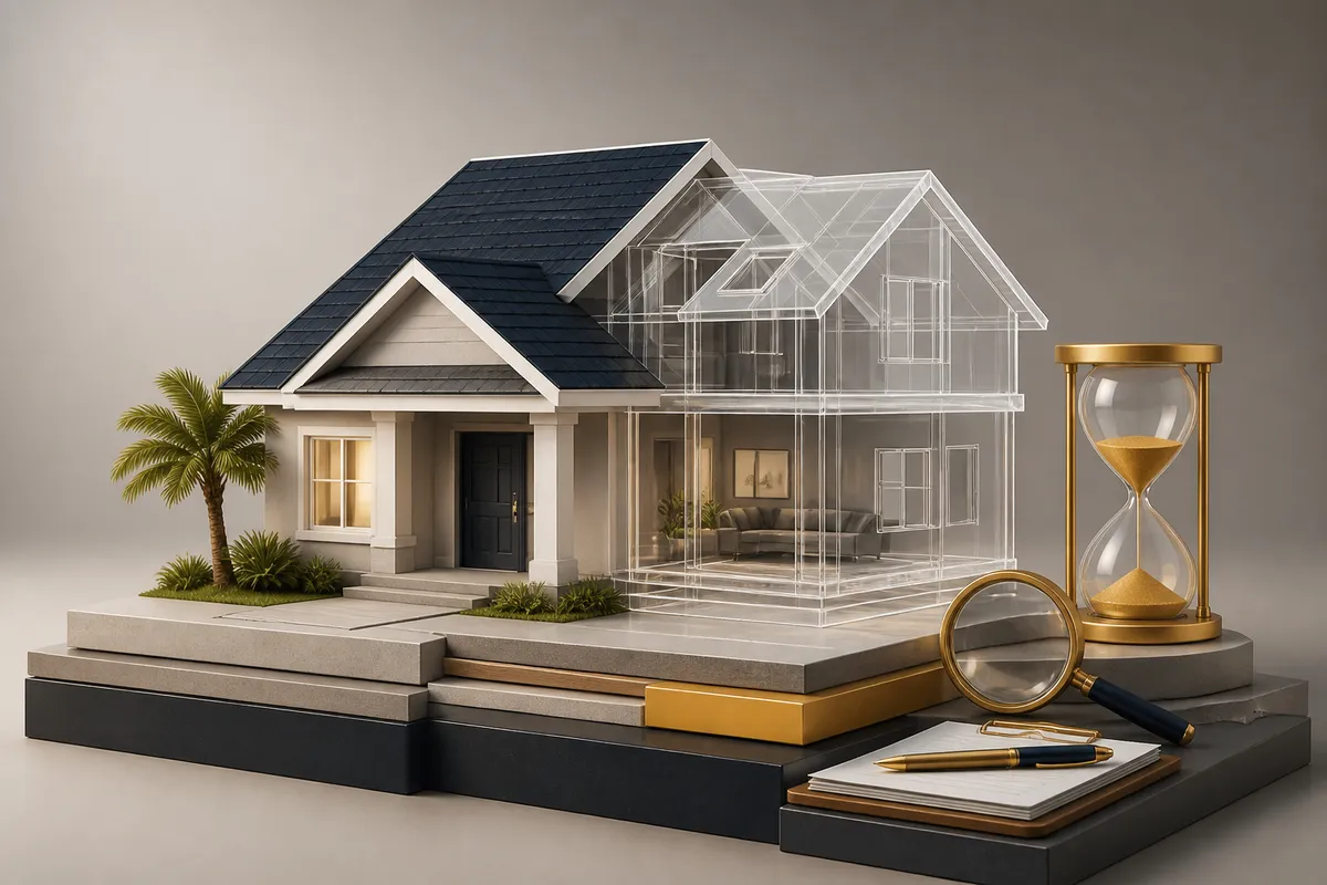 Model house with a transparent structural outline beside an hourglass, magnifying glass, and clipboard.
