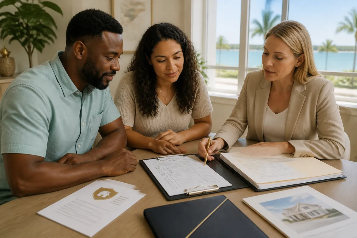 Florida homebuyers reviewing mortgage underwriting documents with a loan professional before closing.