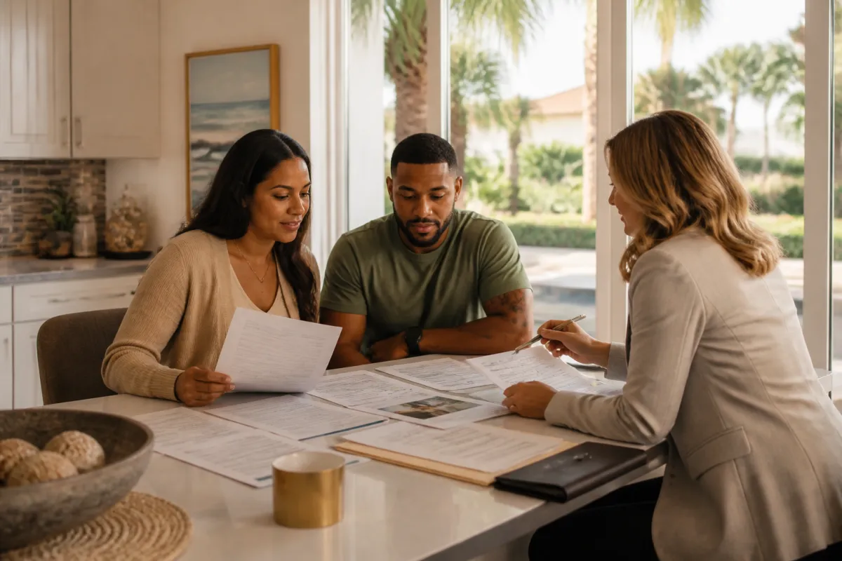 Veteran couple reviewing a home purchase checklist with a mortgage professional at a St. Petersburg home