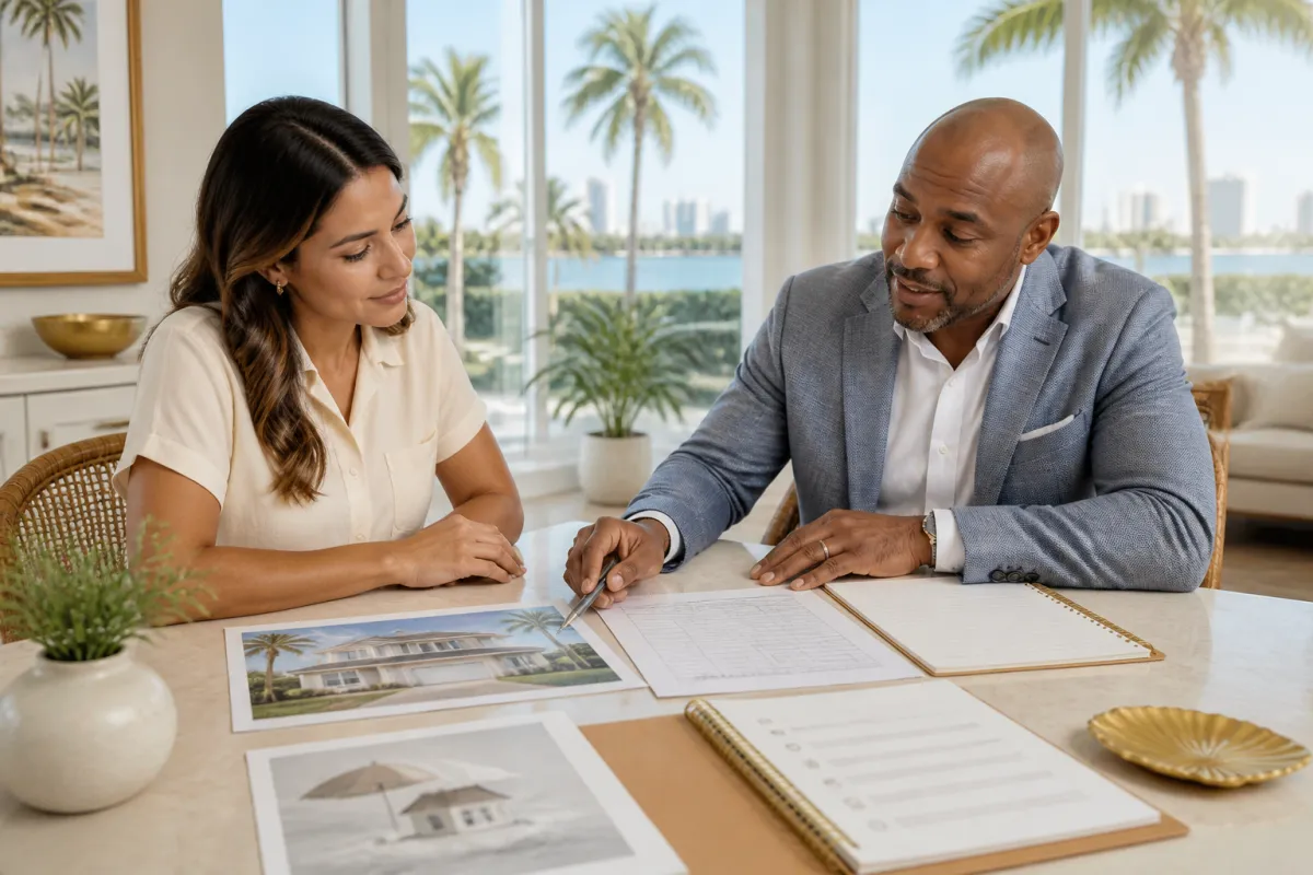 Florida homebuyer reviewing a home offer checklist with a mortgage lender at a table